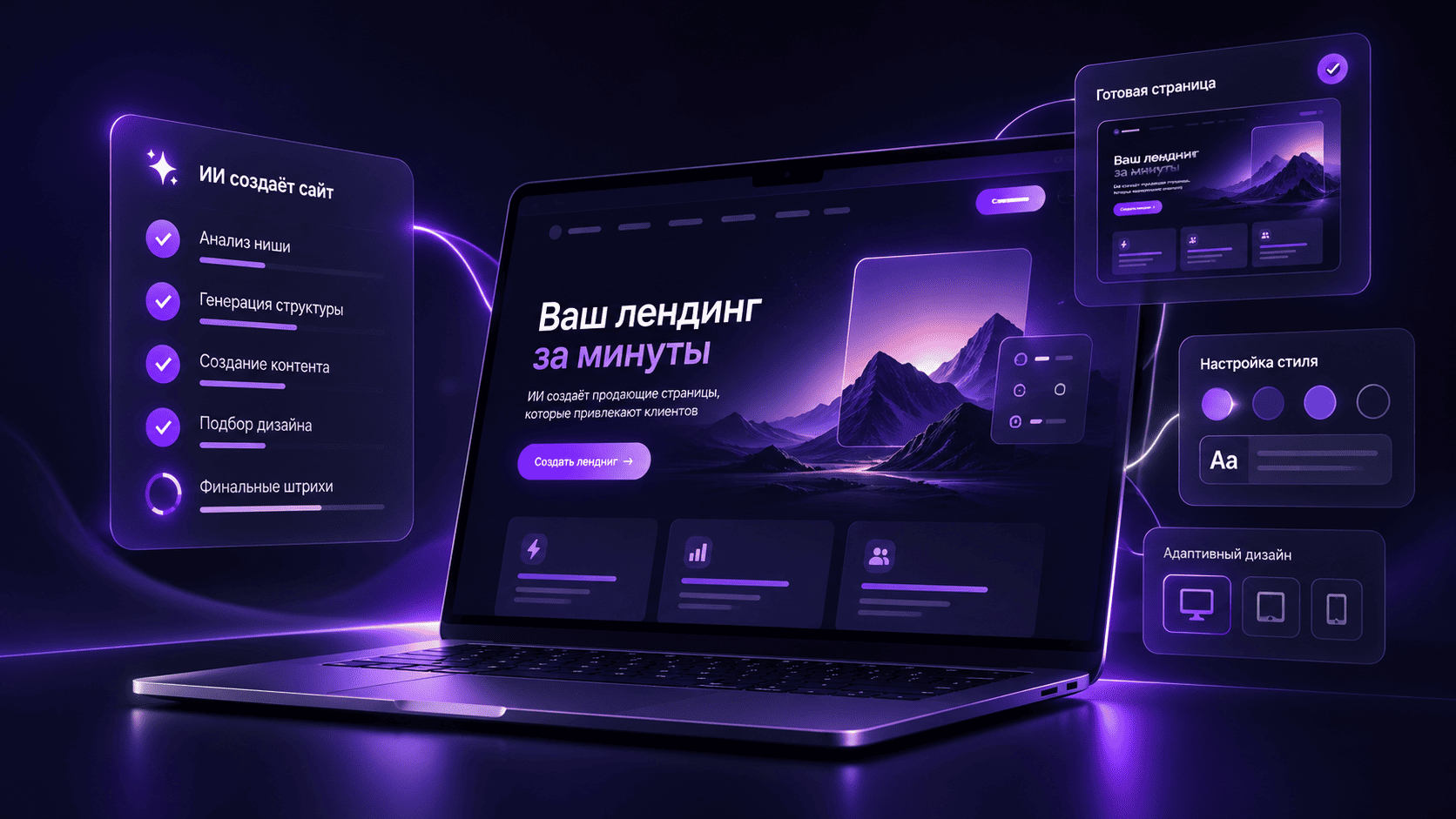 Концепция ИИ-сервиса создания лендингов: ноутбук, настройки оформления и этапы генерации в неоново-фиолетовой стилистике
